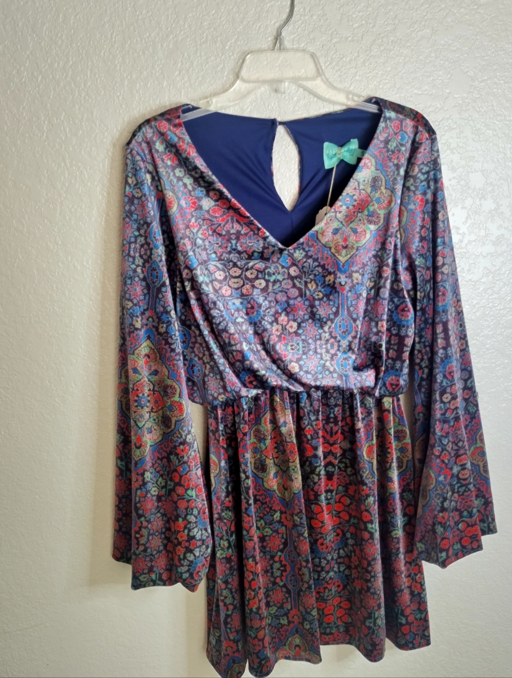 Judith March Arabian Night Velvet Printed Bell Sleeve Skater USA Made Dress Sz S